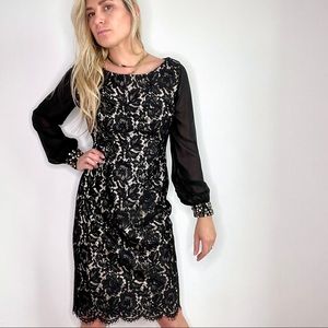 Eliza J Black & Cream Lace Mesh Long Sleeve Dress Size 8
